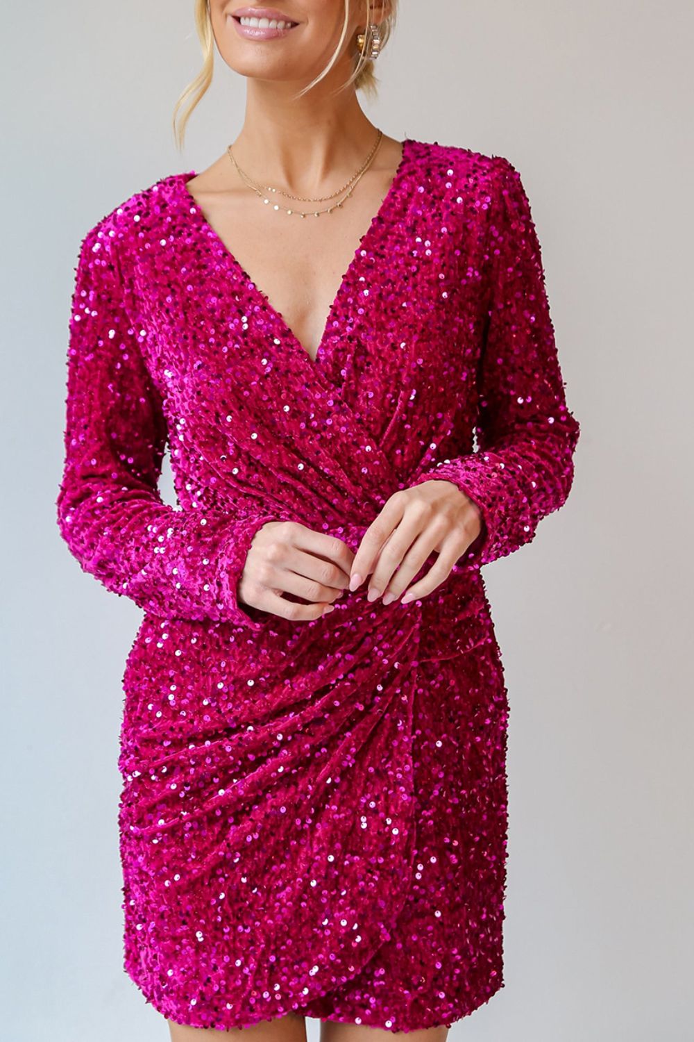 Sequin Surplice Long Sleeve Mini Dress Deep Rose