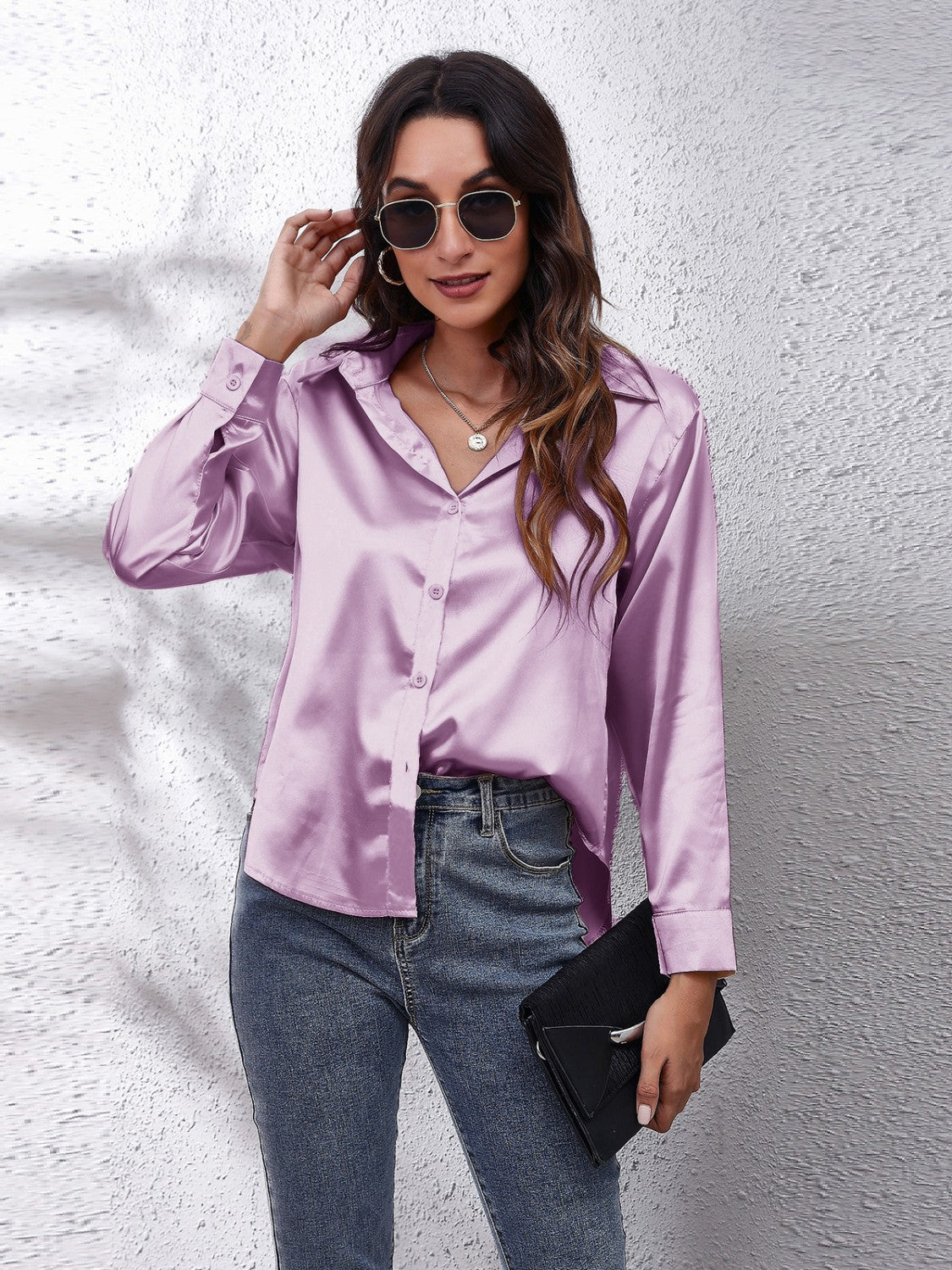 Button Up Collared Neck Long Sleeve Shirt Lilac