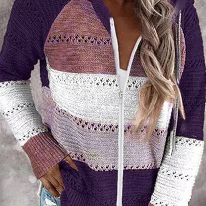 Color Block Drawstring Hooded Sweater Violet