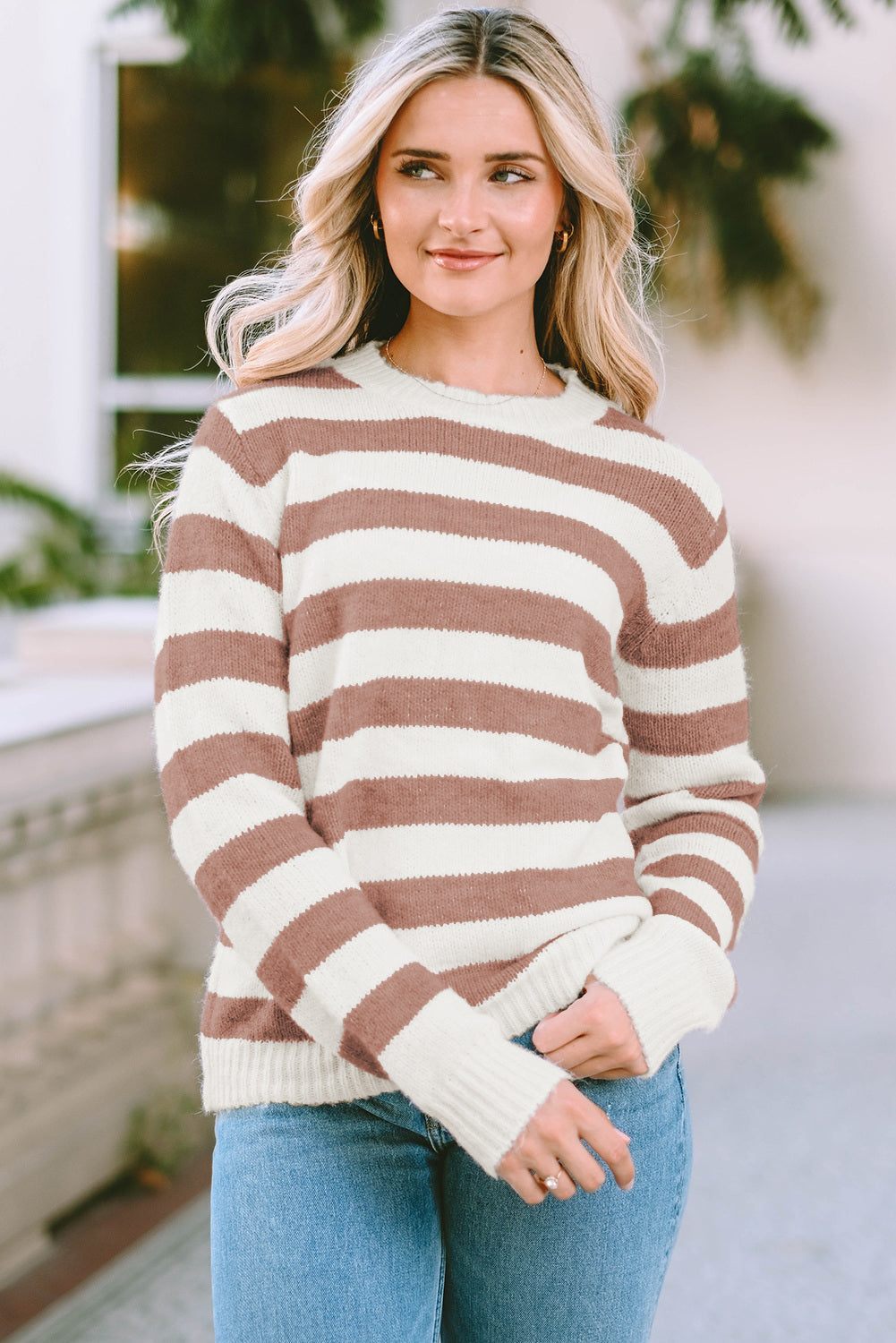 Striped Round Neck Long Sleeve Sweater Khaki