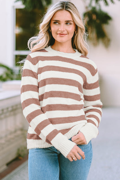 Striped Round Neck Long Sleeve Sweater Khaki