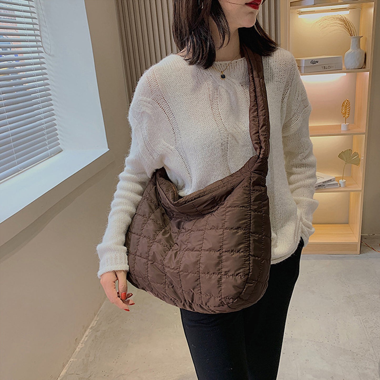 Large Quilted Shoulder Bag Chocolate One Size