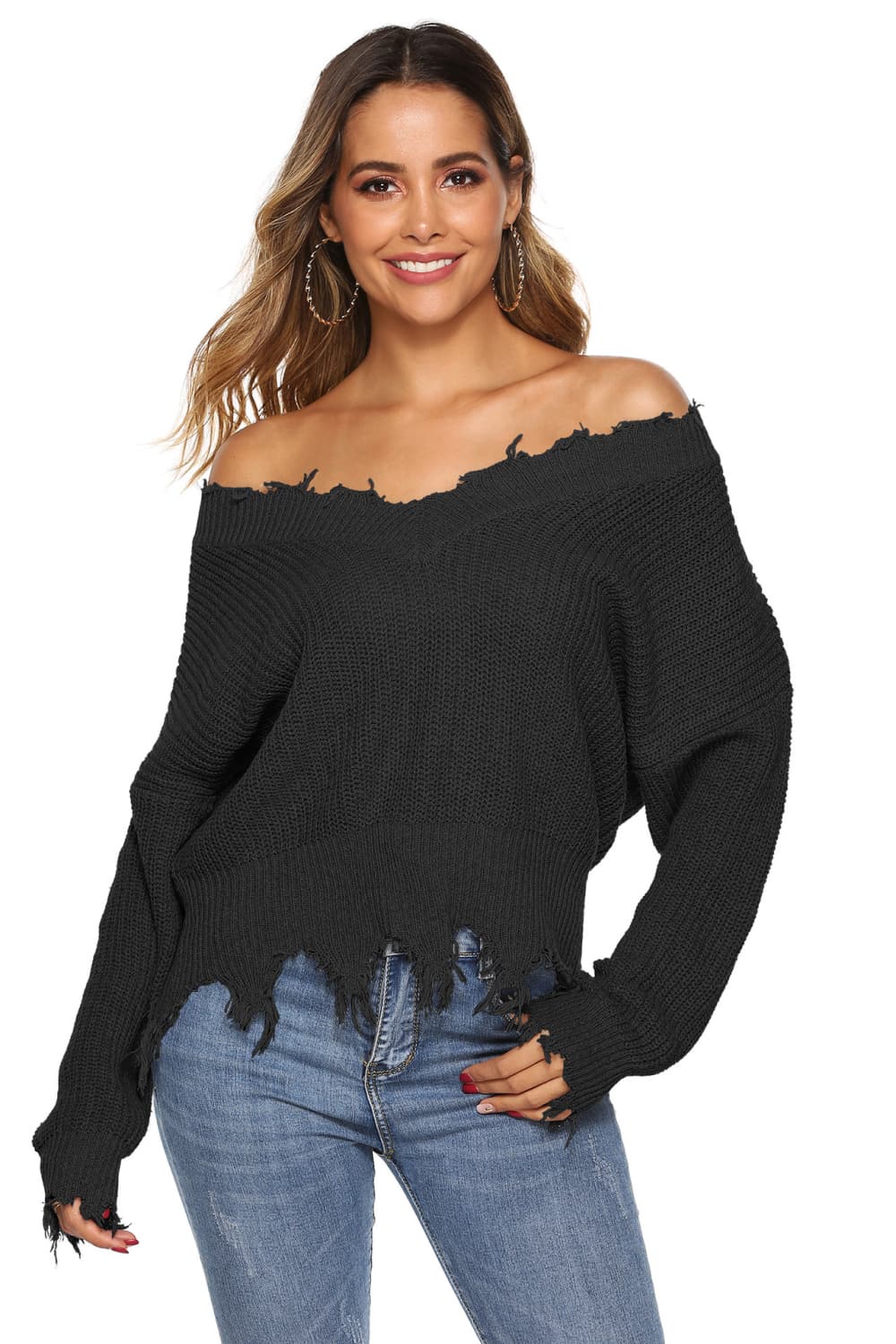 Off-Shoulder Ribbed Long Sleeve Raw Hem Sweater Black