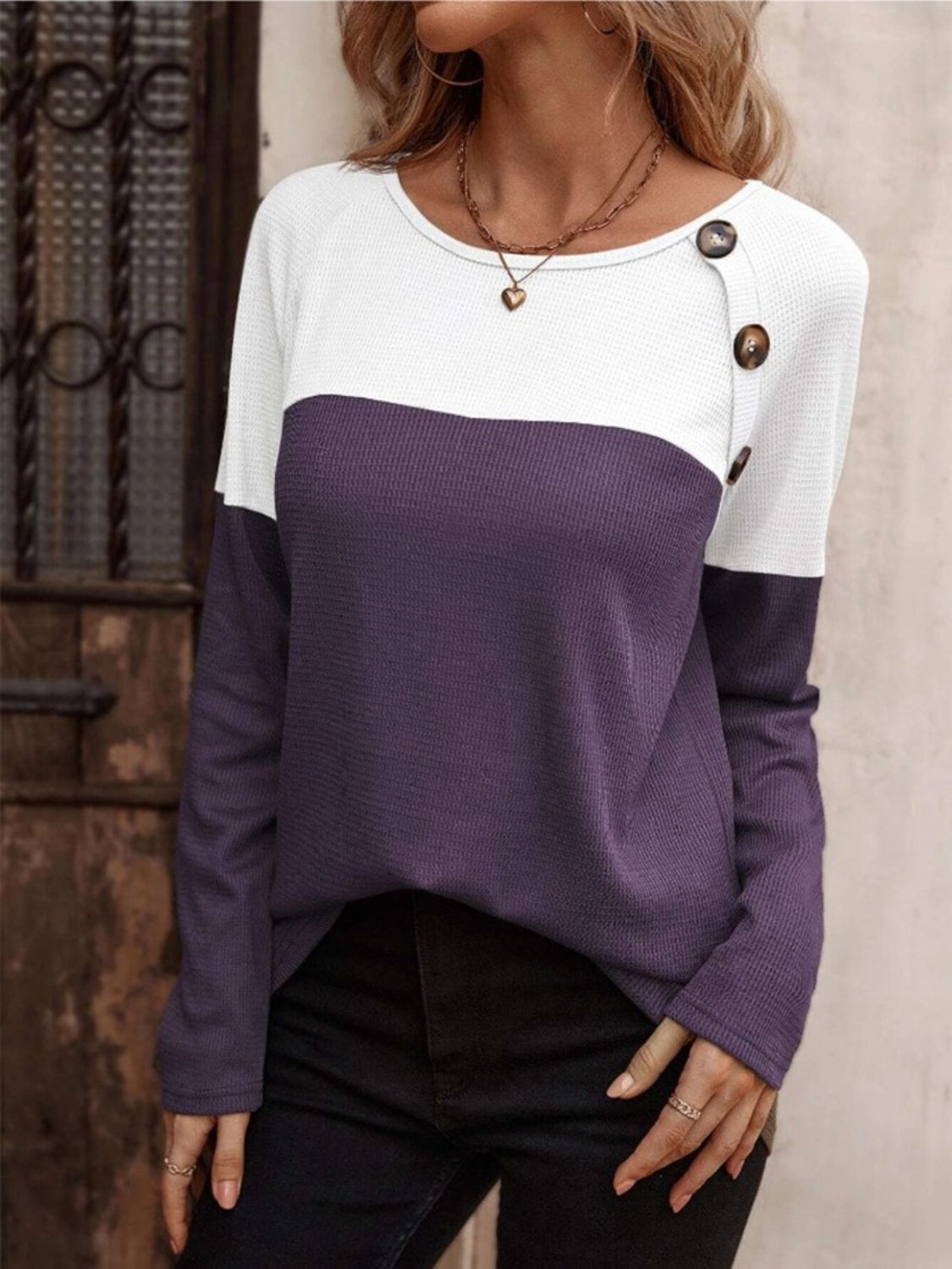 Contrast Round Neck Long Sleeve T-Shirt Lilac