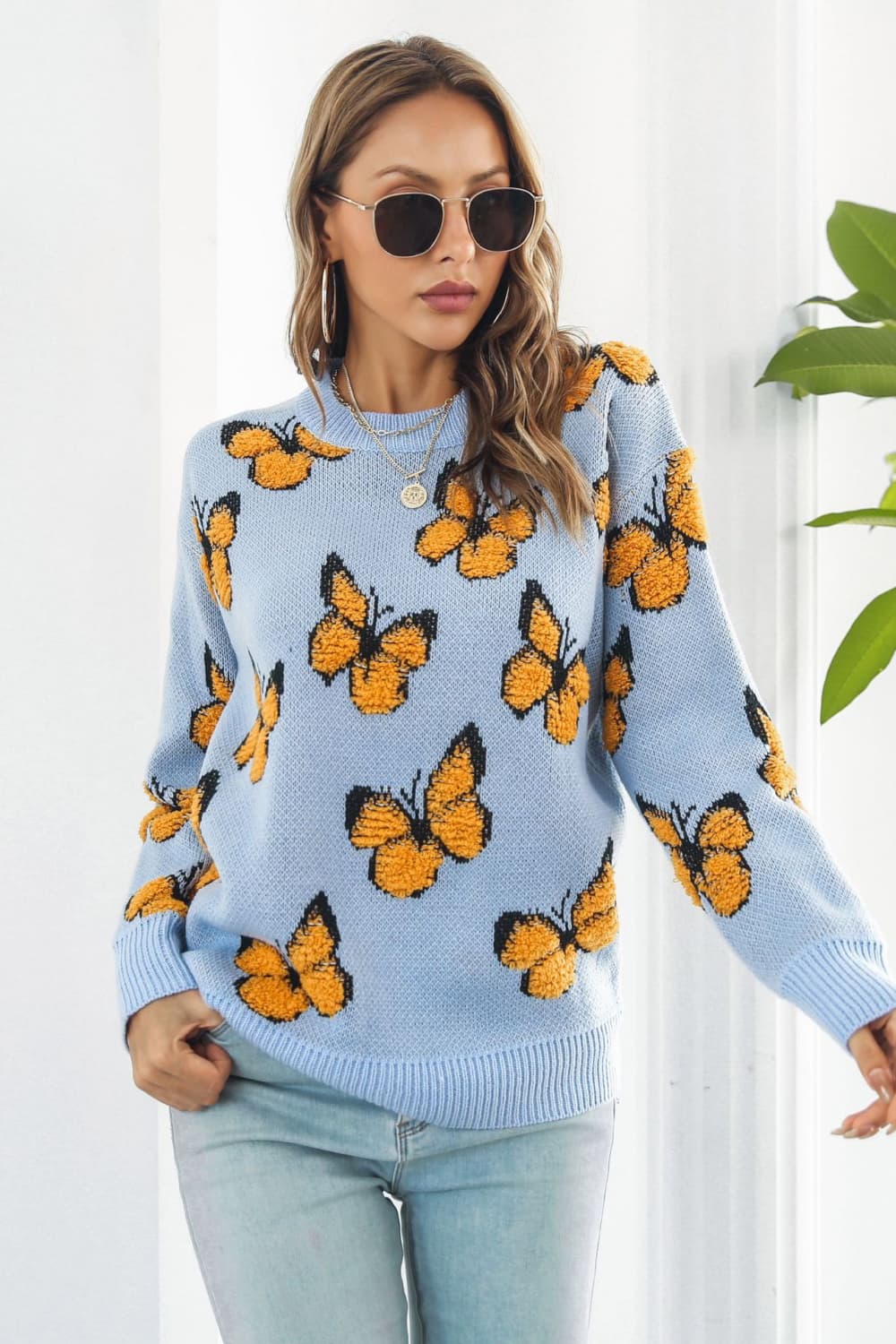 Butterfly Pattern Round Neck Dropped Shoulder Sweater Blue Yellow