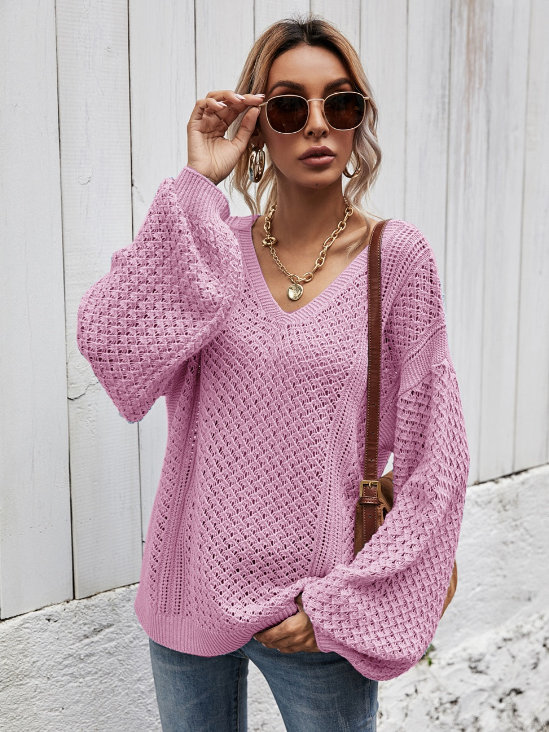 V-Neck Dropped Shoulder Sweater Moonlit Mauve