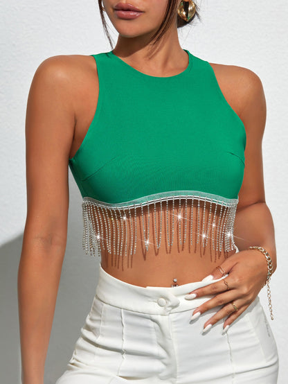 Fringe Hem Round Neck Tank Green