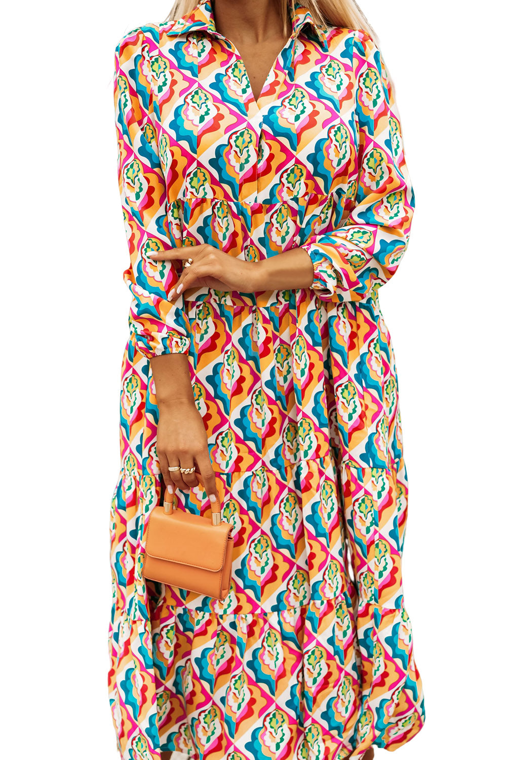 Multicolor Abstract Geometric Print Long Sleeve High Waist Dress