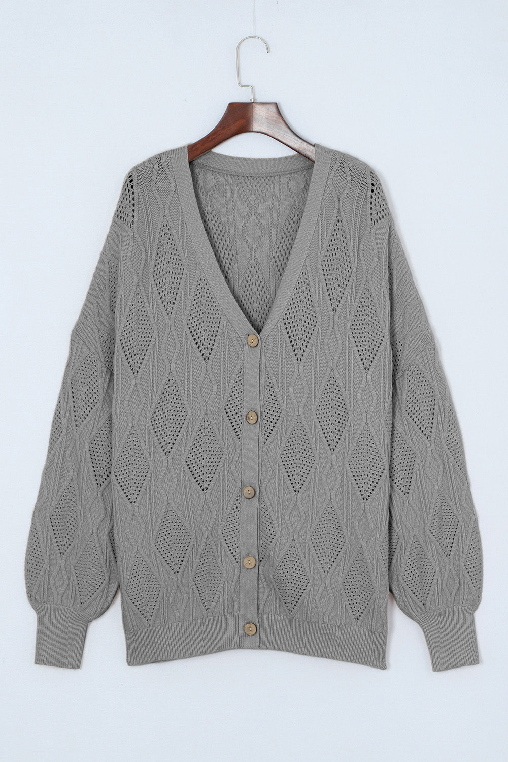 Gray Plus Size Knitted Hollow out Button up Cardigan