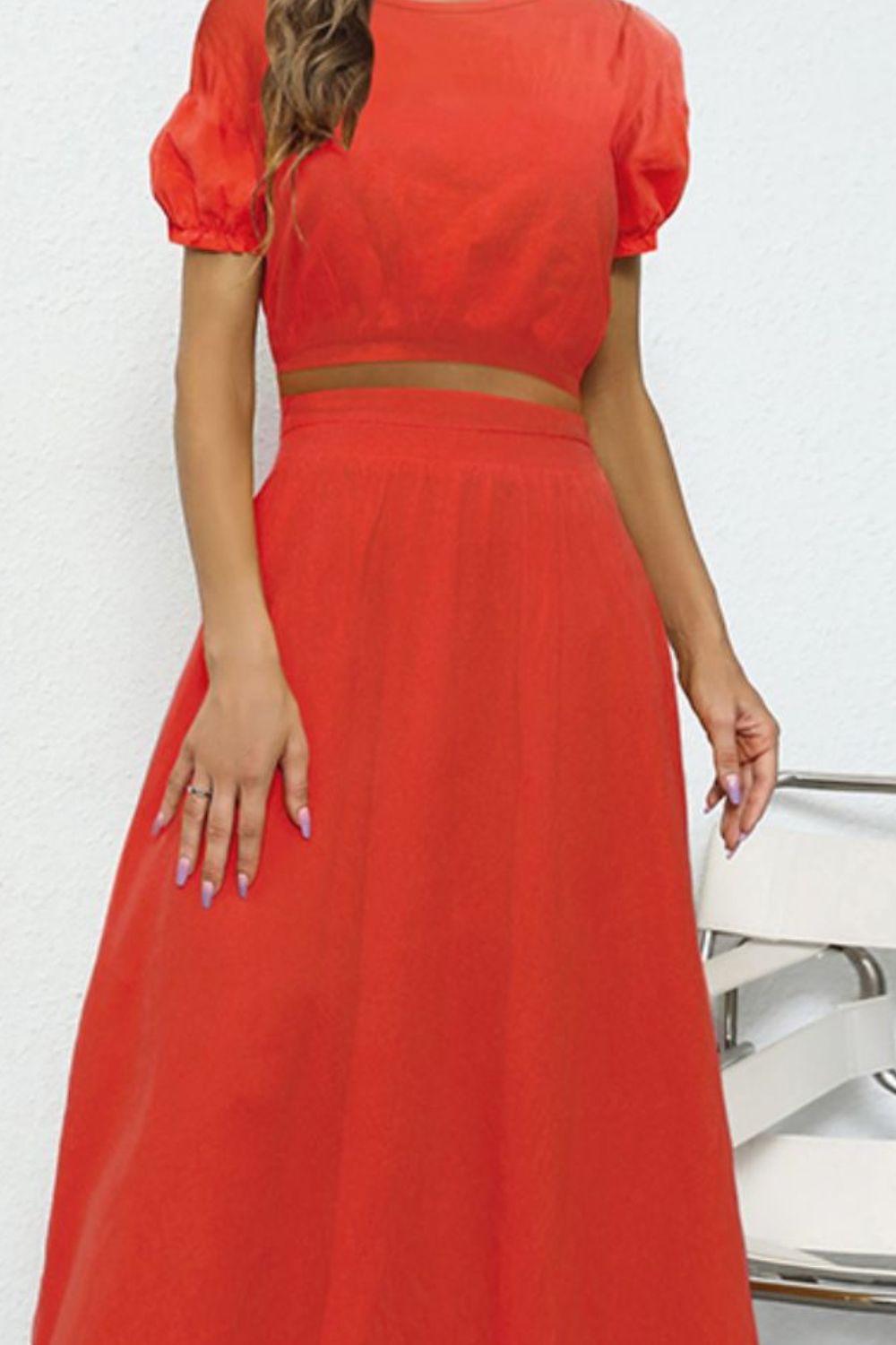 Puff Sleeve Crop Top and Maxi Skirt Set - Thandynie