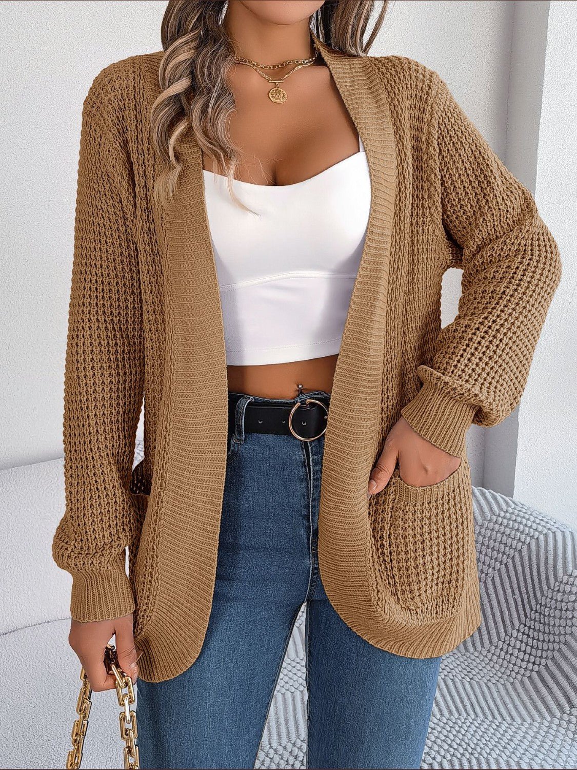 Open Front Long Sleeve Cardigan with Pockets Caramel