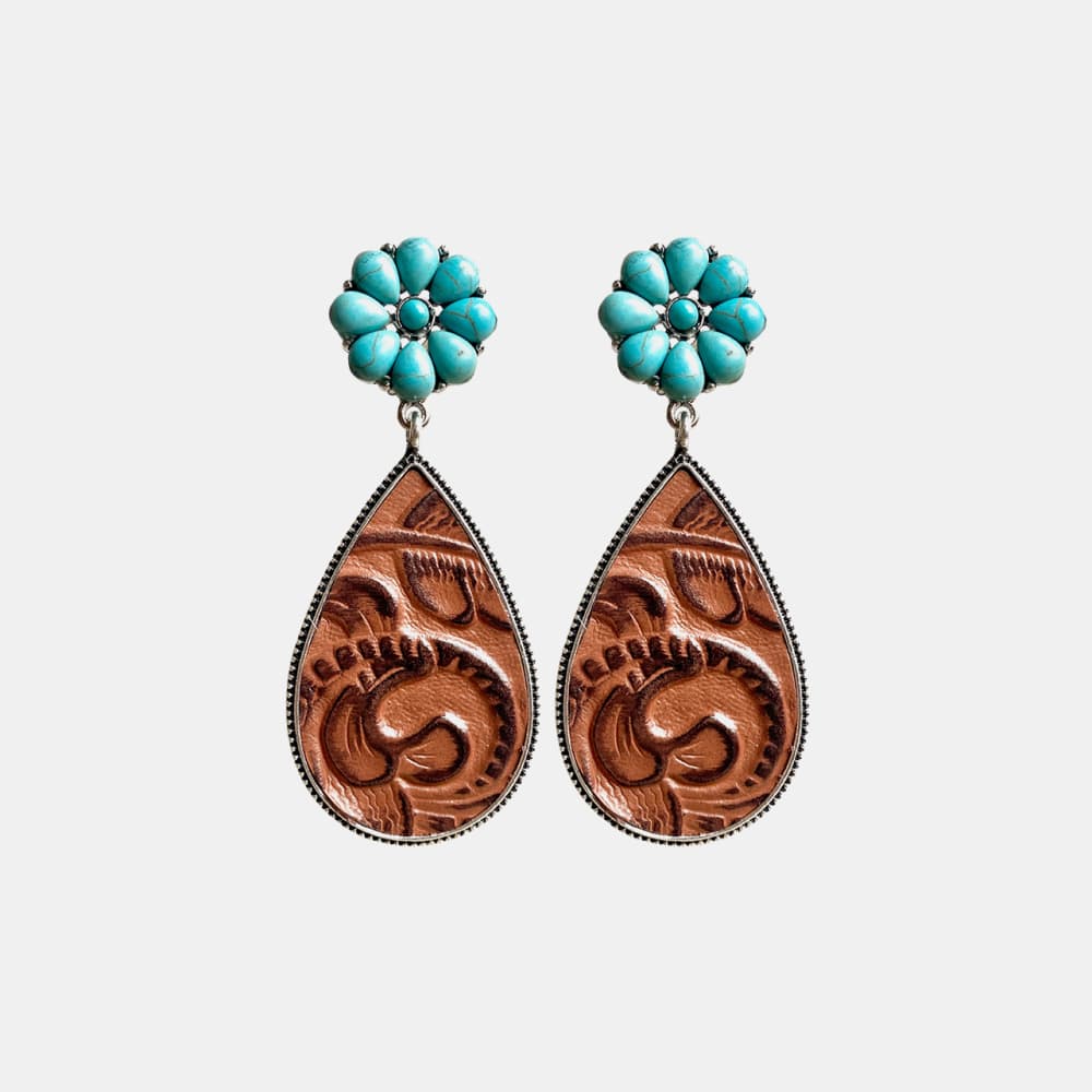 Turquoise Flower Teardrop Earrings Brown One Size