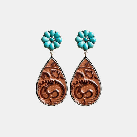 Turquoise Flower Teardrop Earrings Brown One Size