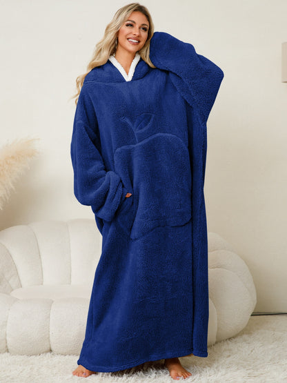 Pocketed Contrast Long Sleeve Hooded Lounge Dress Navy One Size