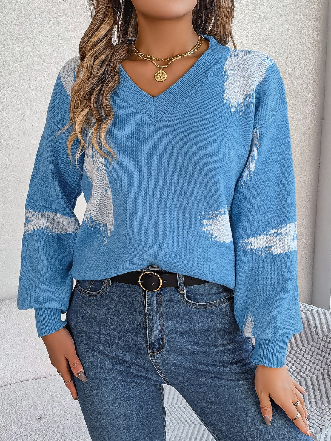 Contrast V-Neck Long Sleeve Sweater Sky Blue