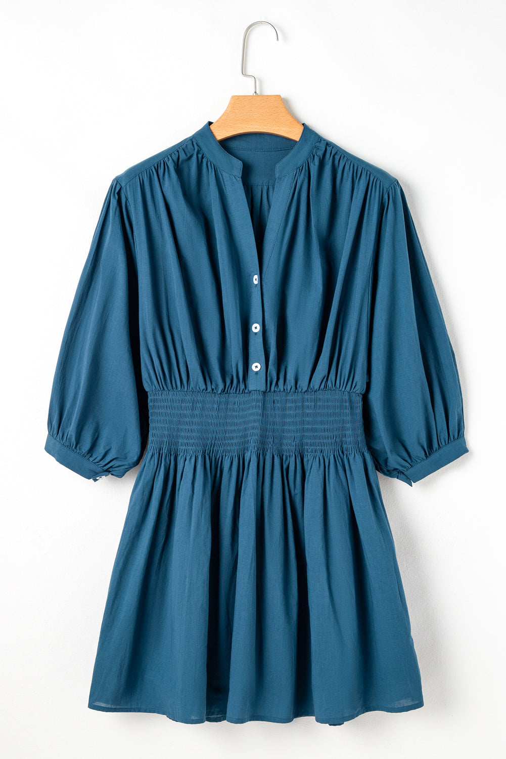 Prussian Blue 3/4 Sleeve Shirred High Waist Buttoned Mini Dress