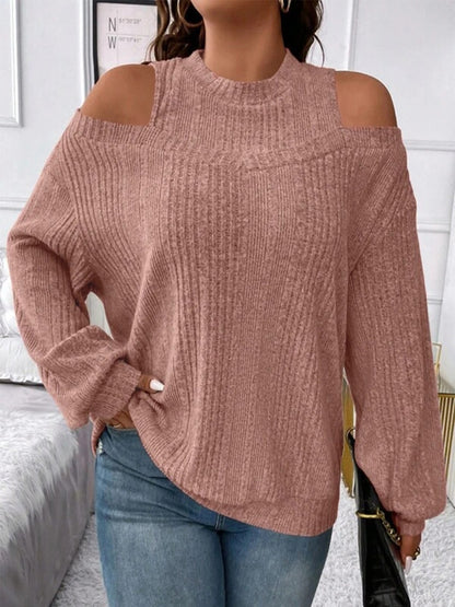 Round Neck Cold Shoulder Sweater Dusty Pink