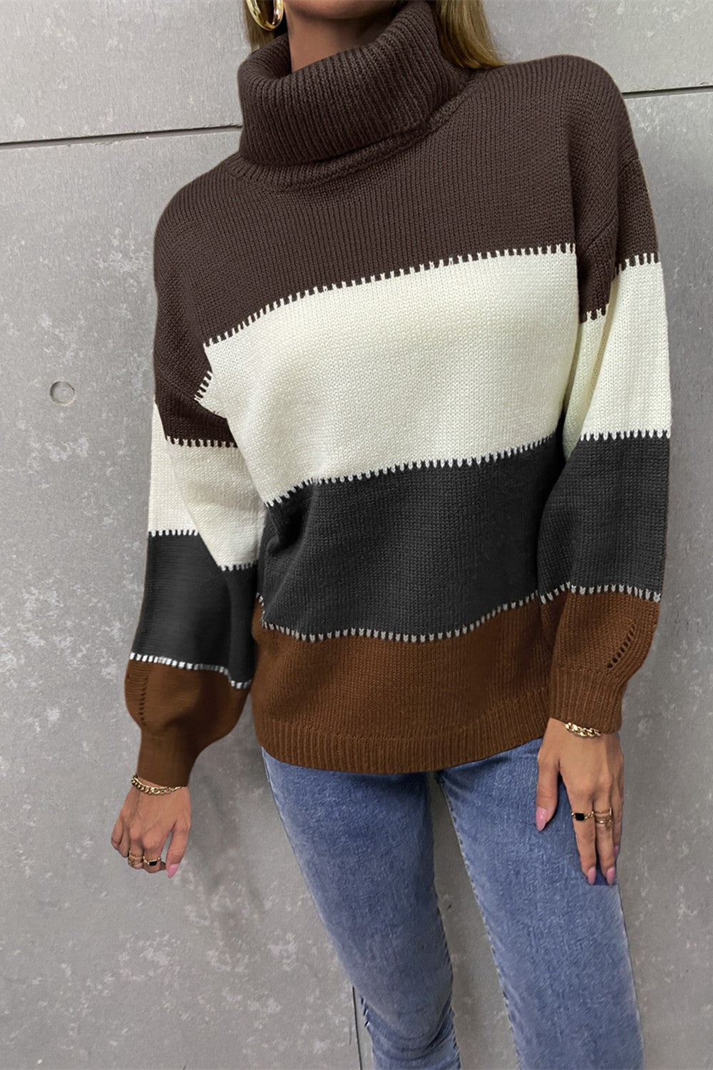 Color Block Lantern Sleeve Turtleneck Sweater Coffee