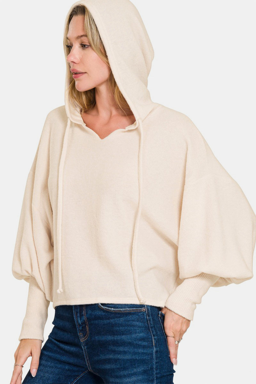 Zenana Brushed Hacci Drop Shoulder Cropped Hoodie Sand Beige