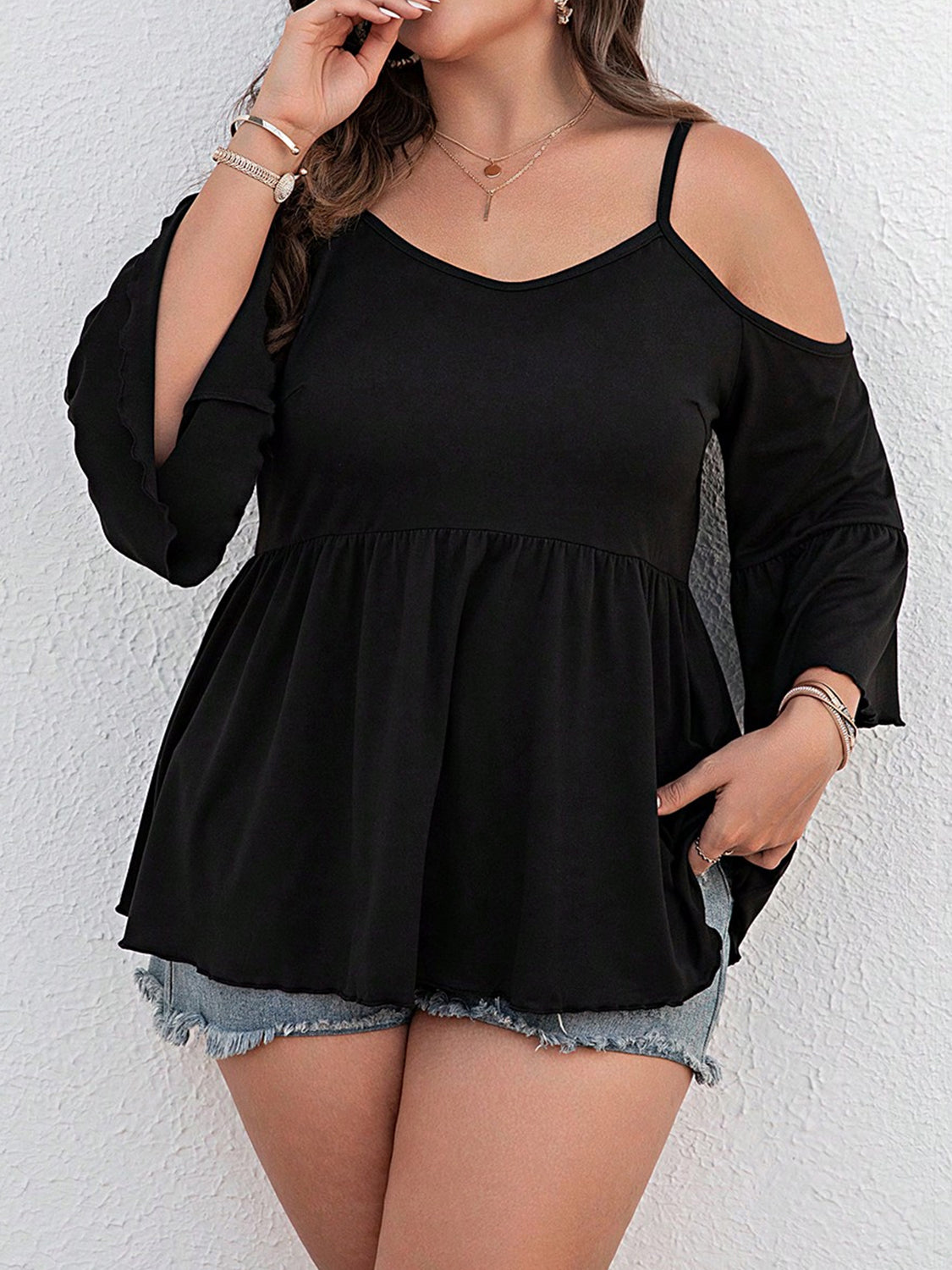 Plus Size Cold Shoulder Flounce Sleeve Blouse Black