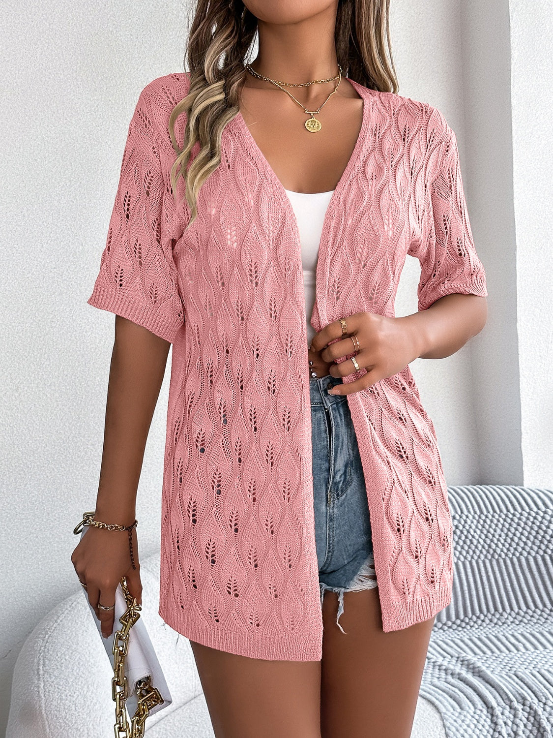 Openwork Open Front Short Sleeve Cardigan - Thandynie