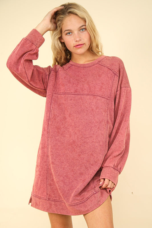 VERY J Mineral Washed Oversized Sweatshirt Mini Dress Magenta