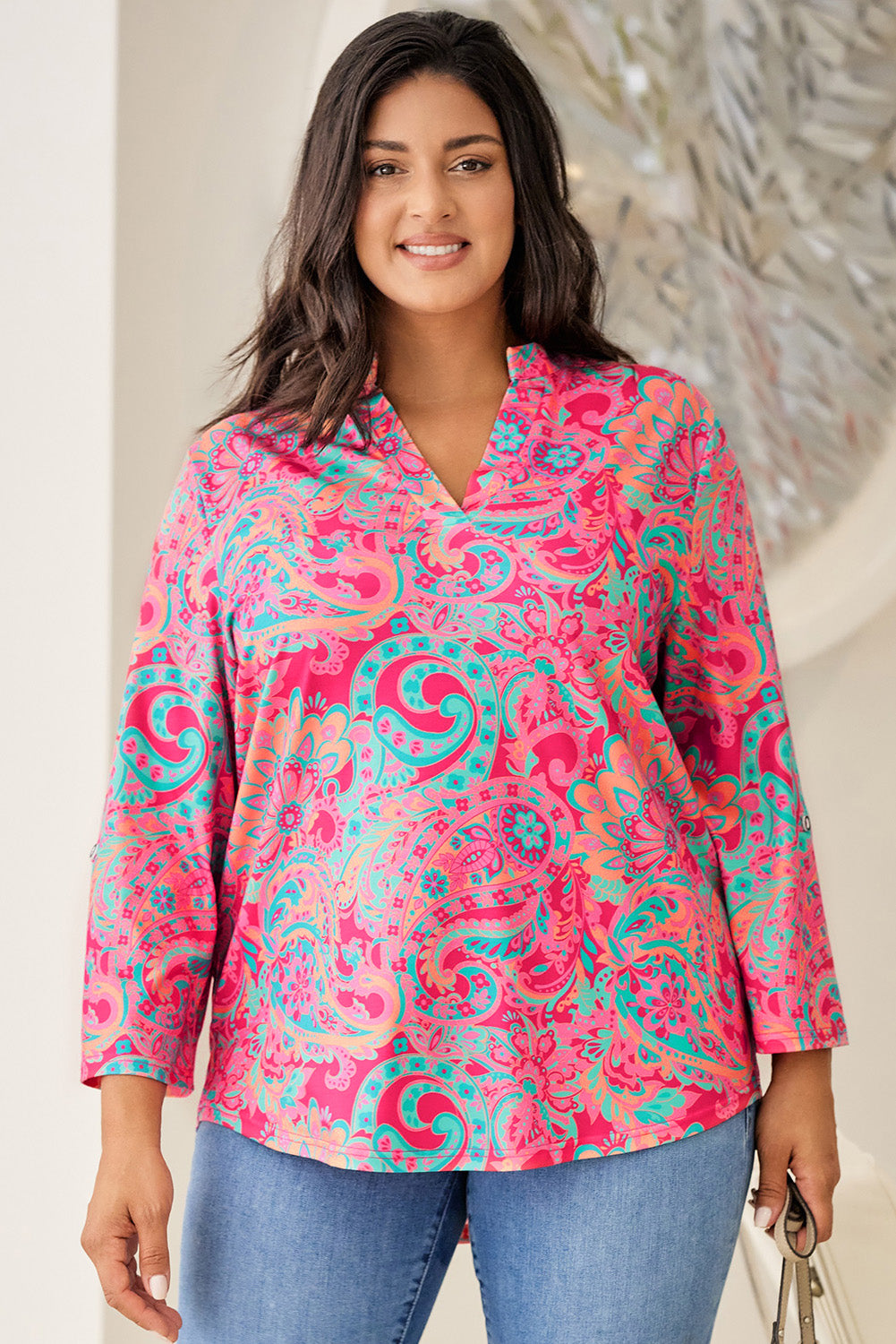 Plus Size Printed Notched Long Sleeve Blouse