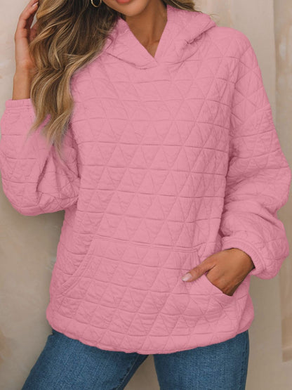 Textured Long Sleeve Hoodie with Pockets Dusty Pink