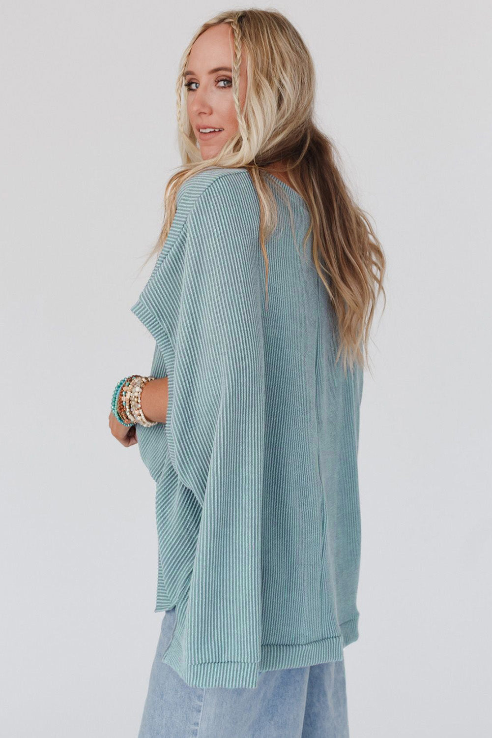 Sky Blue Ribbed Knit Batwing Sleeve Tunic Oversized T Shirt