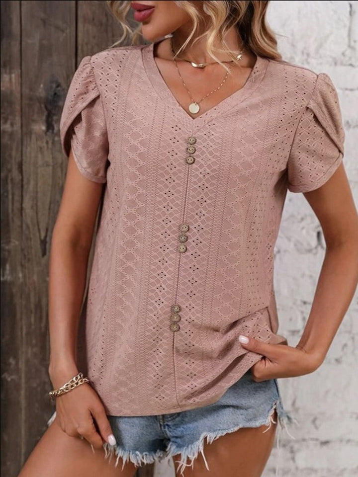 Eyelet V-Neck Petal Sleeve T-Shirt Dusty Pink