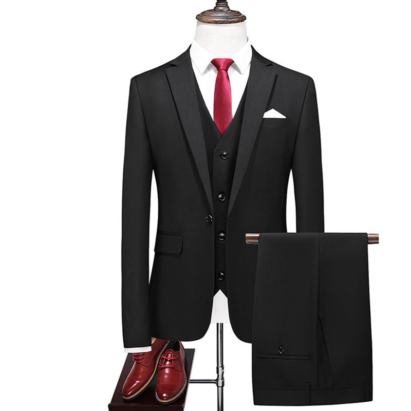 Men's Three-Piece Solid Color Suit for Evening Events, Banquets, or Weddings. Black