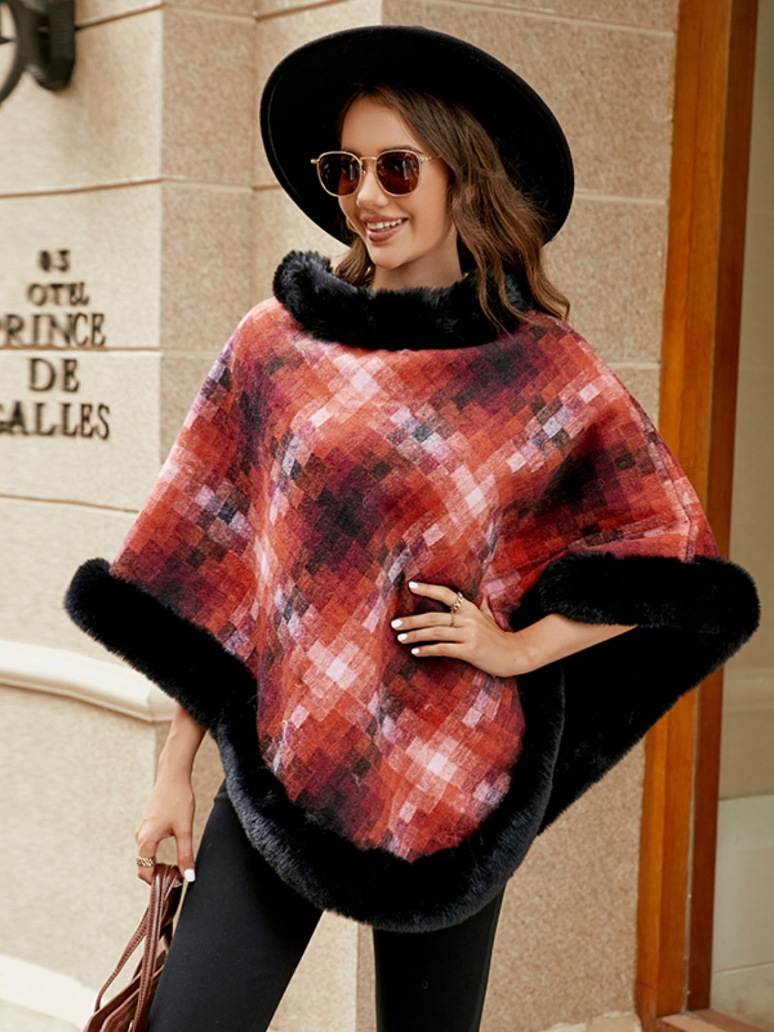 Faux Fur Trim Poncho - Thandynie