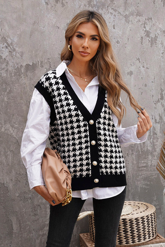 Houndstooth Button Front Sweater Vest Black