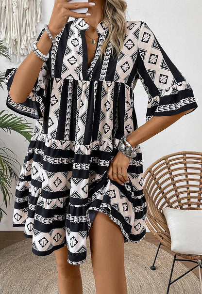 Black Geometric Print V Neck Ruffled Dress Black 100%Polyester