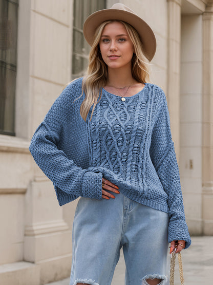 Round Neck Dropped Shoulder Long Sleeve Sweater Dusty Blue