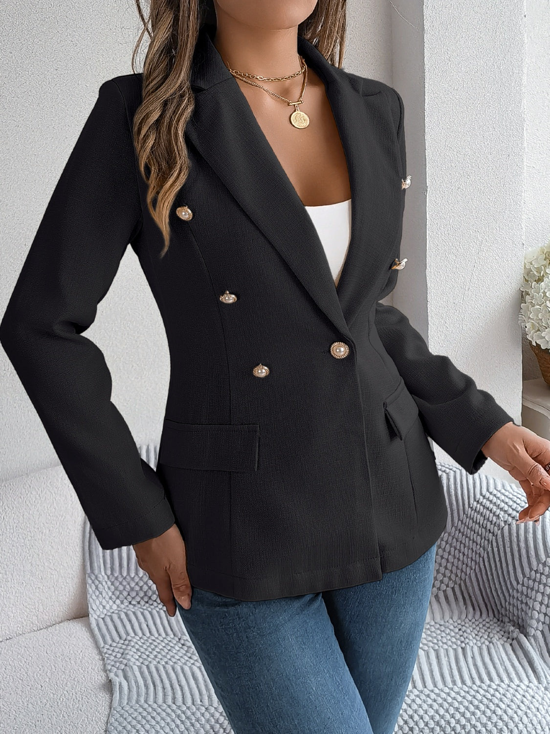 Decorative Pocket Flap Lapel Collar Long Sleeve Blazer Black