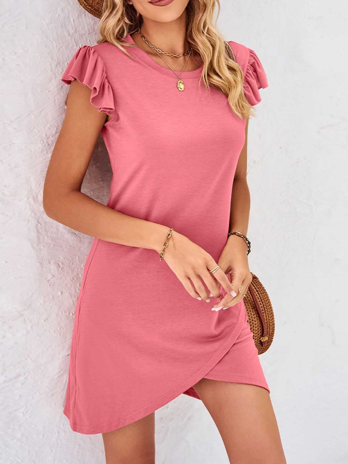 Ruffled Round Neck Cap Sleeve Mini Dress Burnt Coral