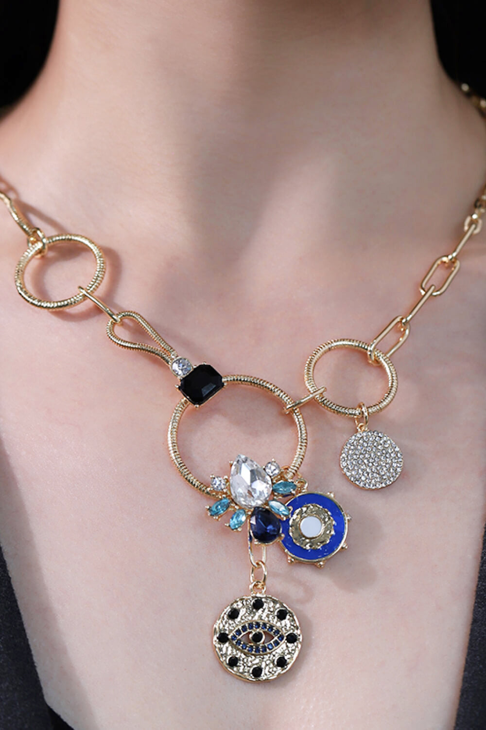 5-Piece Wholesale 18K Gold-Plated Rhinestone Evil Eye Pendant Necklace Gold Blue One Size