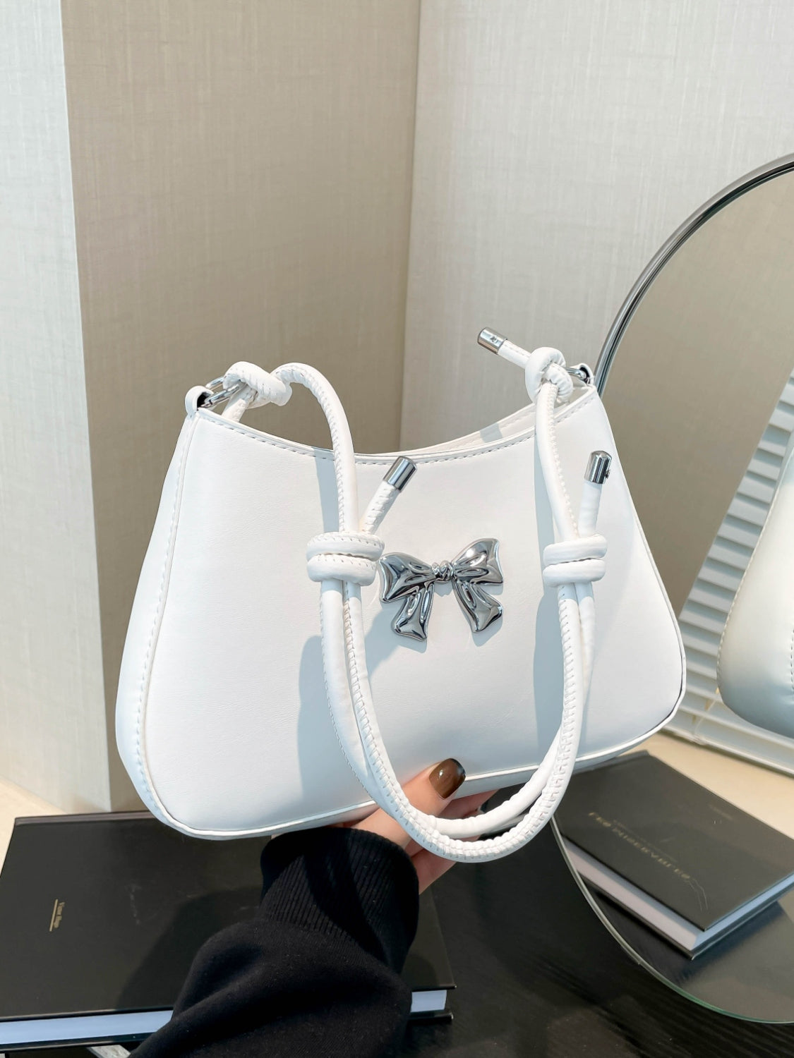 Bow PU Leather Knotted Strap Handbag White One Size