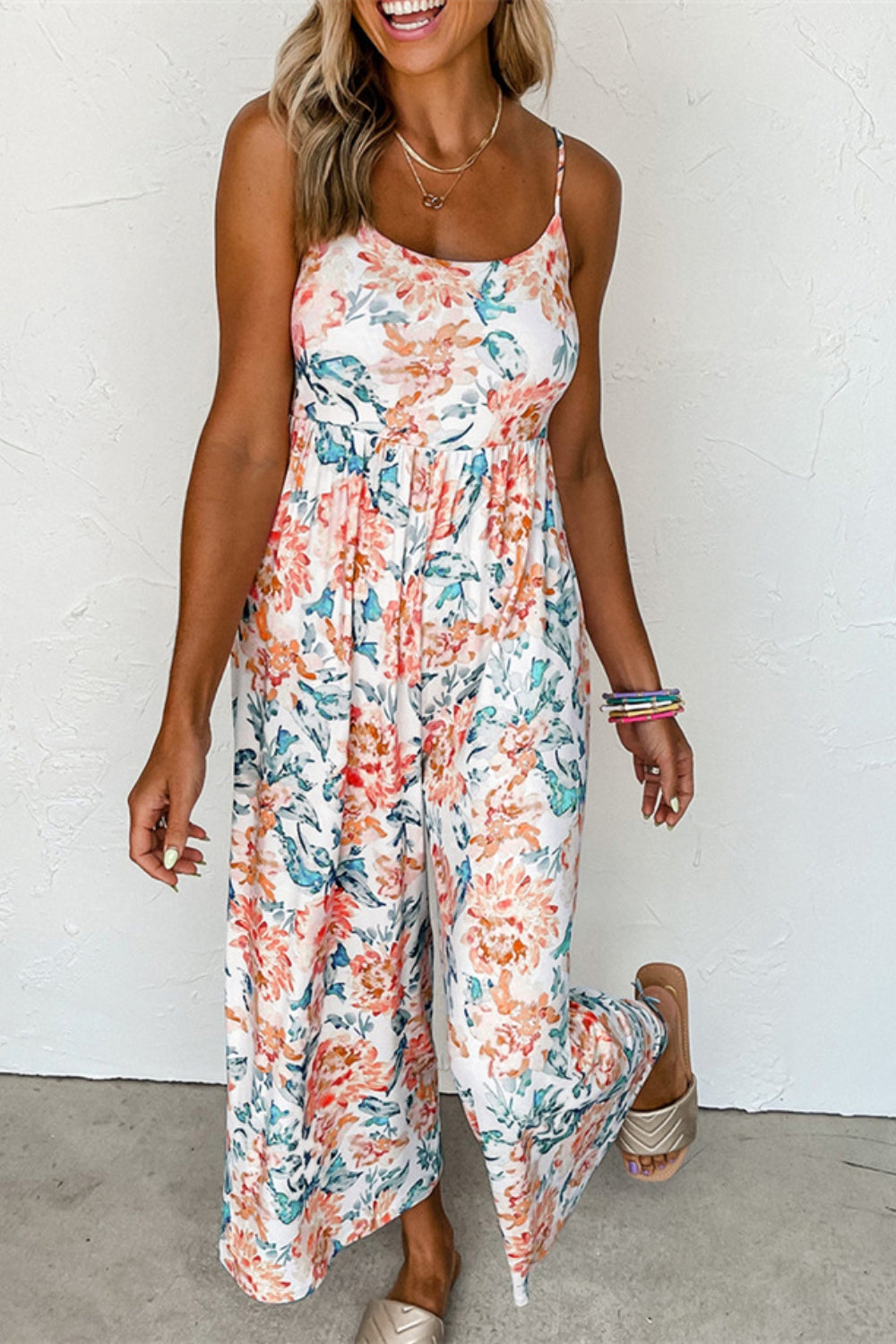 Printed Scoop Neck Wide Leg Jumpsuit White