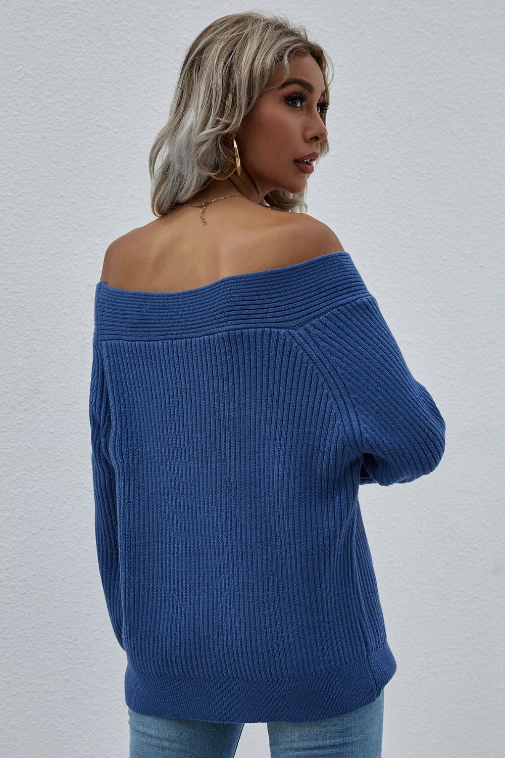 Off-Shoulder Rib-Knit Sweater Blue