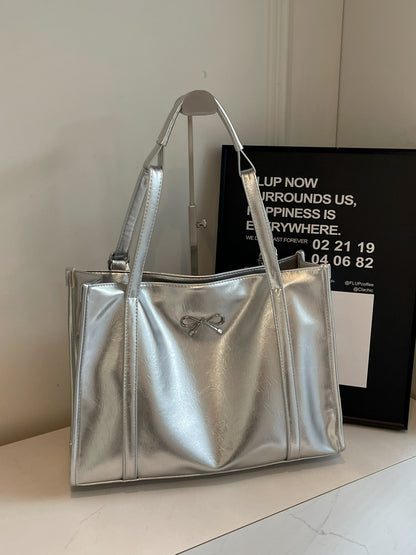 PU Leather Bow Shoulder Bag Silver One Size