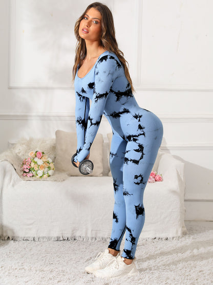 Scoop Neck Long Sleeve Active Jumpsuit Light Blue