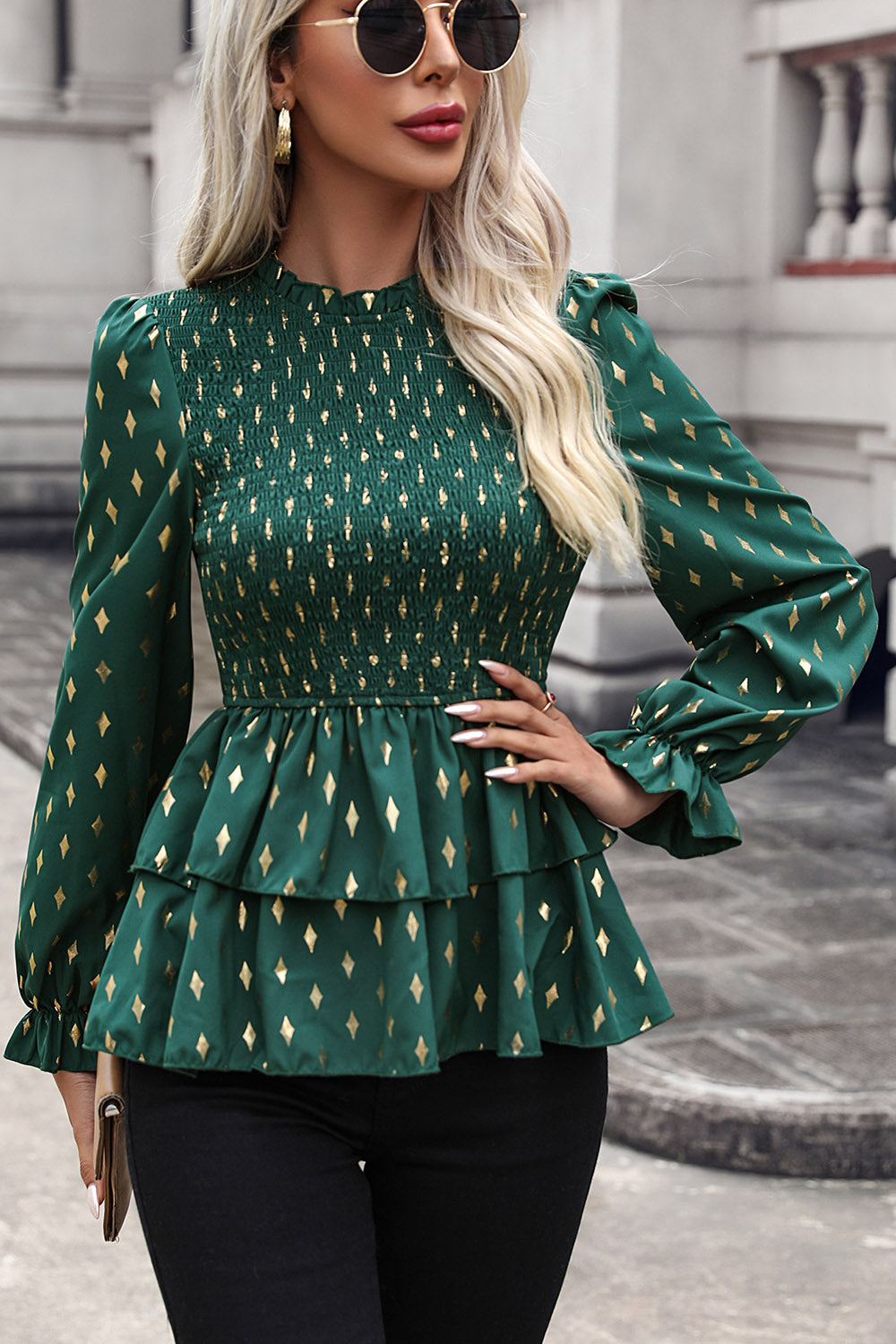 Smocked Flounce Sleeve Layered Blouse - Thandynie