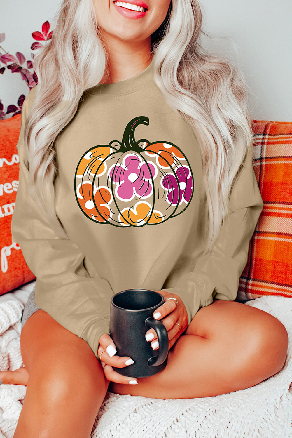 Khaki Halloween Floral Pumpkin Graphic Drop Shoulder Sweatshirt Khaki 50%Polyester+50%Cotton