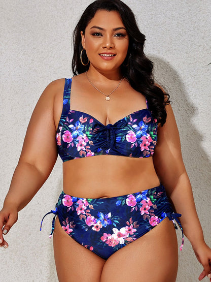 Plus Size Printed Drawstring Detail Bikini Set Navy