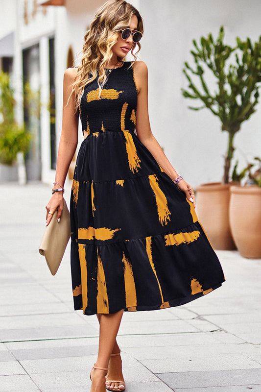 Printed Round Neck Slit Sleeveless Dress Dark Blue