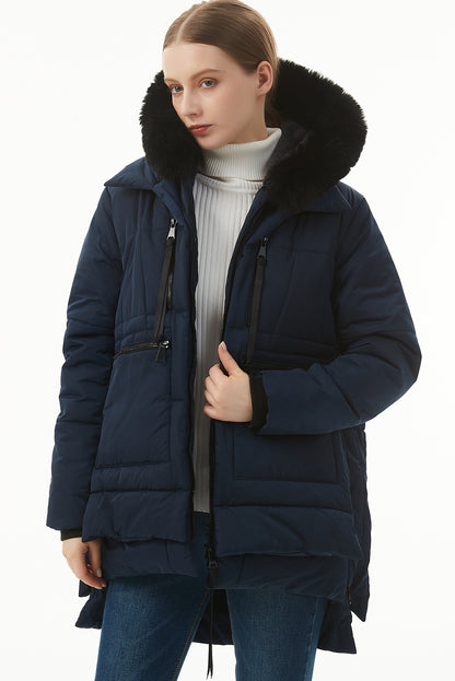 Navy Blue Plush Linen Zip Up Hooded Puffer Coat Navy Blue 100%Polyester