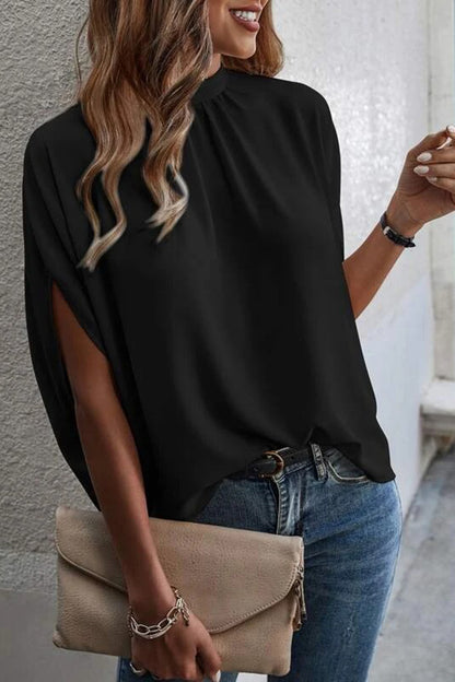 Tie Back Slit Half Sleeve Blouse Black