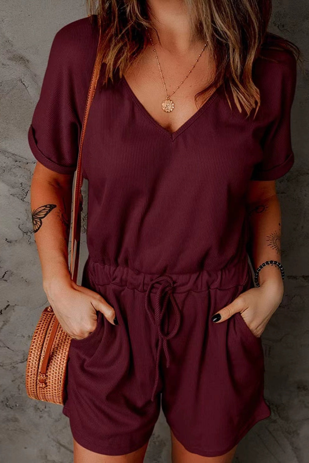 Full Size Drawstring V-Neck Short Sleeve Romper Burgundy